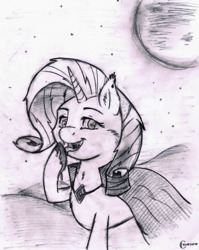 Size: 1992x2500 | Tagged: safe, artist:crimson, rarity, pony, vampire, vampony, g4, clothes, dress, female, monochrome, moon, solo