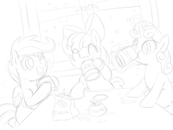 Size: 1200x900 | Tagged: safe, artist:dudey64, apple bloom, scootaloo, sweetie belle, g4, chocolate, food, hot chocolate, magic, monochrome, snow, sugar (food)