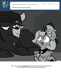 Size: 666x800 | Tagged: safe, artist:egophiliac, princess luna, oc, oc:stardust (egophiliac), oc:ziggy, moonstuck, g4, filly, food, grayscale, monochrome, moonitaur, tea, woona, younger