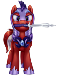 Size: 866x1131 | Tagged: safe, artist:thebowtieone, oc, oc only, oc:eclipse skies, pony, armor, commission, looking at you, male, mouth hold, night guard, simple background, solo, stallion, sword, transparent background, weapon