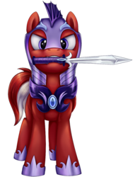 Size: 866x1131 | Tagged: safe, artist:thebowtieone, oc, oc only, oc:eclipse skies, pony, armor, commission, looking at you, male, mouth hold, night guard, no eyelashes, simple background, solo, stallion, sword, transparent background, weapon