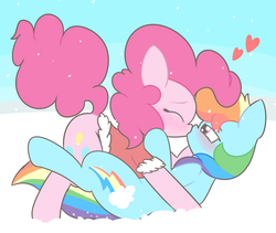 Size: 3246x2736 | Tagged: safe, artist:mr-degration, pinkie pie, rainbow dash, earth pony, pegasus, pony, g4, clothes, costume, duo, female, heart, high res, kiss on the lips, kissing, lesbian, mare, santa costume, ship:pinkiedash, shipping, snow