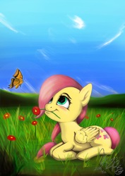 Size: 1536x2172 | Tagged: safe, artist:mizore43, fluttershy, butterfly, pony, g4, blushing, cute, eyes on the prize, female, filly, flower, flower in mouth, grass, hair over one eye, lidded eyes, looking up, mouth hold, prone, shyabetes, sky, smiling, solo, younger