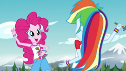 Size: 820x461 | Tagged: safe, edit, edited screencap, editor:ah96, screencap, pinkie pie, rainbow dash, equestria girls, g4, my little pony equestria girls: legend of everfree, cloud, cropped, hammer, sky, this will end in pain, this will end in tears, tree