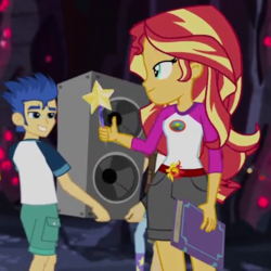 Size: 425x425 | Tagged: safe, screencap, flash sentry, sunset shimmer, equestria girls, g4, my little pony equestria girls: legend of everfree, book, butt, carrying, cropped, pen, sentryass, shipping fuel, speaker