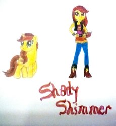 Size: 1024x1115 | Tagged: safe, artist:mlpazarath, oc, oc only, oc:shady shimmer, human, pony, unicorn, equestria girls, g4, blue jeans, boots, clothes, human ponidox, self ponidox, traditional art, vest