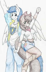 Size: 4105x6425 | Tagged: safe, artist:flicker-show, oc, oc only, oc:autumn harvest, oc:master valor mccloud, earth pony, pegasus, anthro, absurd resolution, belt, boots, clothes, cowboy hat, denim skirt, female, hat, male, mare, midriff, pants, shirt, simple background, skirt, skirt lift, stallion, stetson, thighs, traditional art, white background