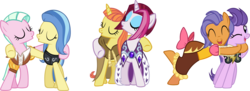 Size: 3095x1123 | Tagged: safe, artist:ironm17, cayenne, chancellor puddinghead, citrus blush, clear skies, clover the clever, commander hurricane, frying pan (g4), princess platinum, private pansy, smart cookie, sunshower, tender brush, winter lotus, earth pony, pegasus, pony, unicorn, g4, hearth's warming eve (episode), ^^, armor, cape, clothes, eyes closed, female, frying pan, hug, las pegasus resident, mare, simple background, singing, transparent background, vector