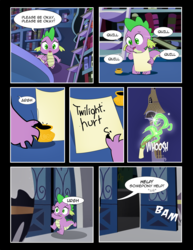 Size: 1275x1650 | Tagged: safe, artist:dsana, spike, comic:to look after, g4, comic, dragon mail, fire, fire breath, green fire, ink, inkwell, scroll, twilight's canterlot home