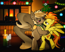 Size: 1097x878 | Tagged: safe, artist:dsana, spitfire, oc, pony, g4, alcohol, canon x oc, champagne, christmas tree, commission, decoration, fireplace, glass, kissing, male, mistletoe, necktie, shipping, stallion, straight, tree, wine