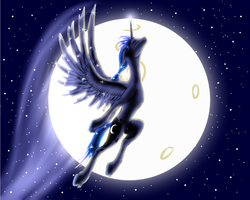 Size: 1280x1024 | Tagged: safe, artist:vasillium, princess luna, alicorn, pony, g4, flying, moon, night, prince artemis, rule 63, solo, unshorn fetlocks