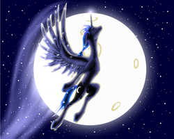 Size: 1280x1024 | Tagged: safe, artist:vasillium, princess luna, alicorn, pony, g4, flying, moon, night, prince artemis, rule 63, slender, solo, thin, unshorn fetlocks