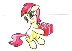 Size: 2338x1653 | Tagged: safe, artist:bbqninja501st, roseluck, pony, g4, advent calendar, blushing, christmas, female, gift giving, holding, present, simple background, sitting, smiling, solo, traditional art, turned head, white background