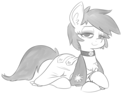 Size: 1140x876 | Tagged: source needed, safe, artist:reiduran, oc, oc only, oc:padlock, pony, grayscale, monochrome, prone, solo