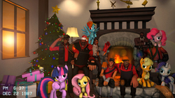 Size: 3840x2160 | Tagged: safe, artist:funsketch, applejack, derpy hooves, fluttershy, pinkie pie, rainbow dash, rarity, twilight sparkle, alicorn, pony, g4, 3d, christmas, christmas tree, engineer, engineer (tf2), fireplace, heavy (tf2), high res, mane six, medic, medic (tf2), present, pyro (tf2), scout (tf2), sniper, sniper (tf2), source filmmaker, team fortress 2, tree, twilight sparkle (alicorn)