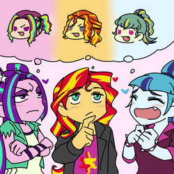 Size: 1000x1000 | Tagged: safe, artist:raika0306, adagio dazzle, aria blaze, sonata dusk, sunset shimmer, equestria girls, g4, blushing, clothes, crossed arms, eyes closed, eyeshadow, fangs, female, heart, lesbian, lidded eyes, looking up, magical lesbian spawn, makeup, next generation, offspring, ship:adaria, ship:sonagio, ship:sunsagio, shipping, smiling, the dazzlings, thinking, thought bubble, trio