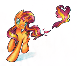 Size: 1100x952 | Tagged: safe, artist:kannatc, sunset shimmer, pony, g4, female, fiery shimmer, fire, simple background, solo, traditional art