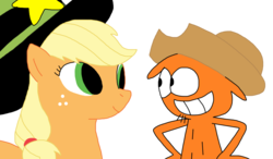 Size: 1023x597 | Tagged: safe, artist:mega-shonen-one-64, applejack, g4, accessory swap, crossover, eye contact, friendshipping, hat, looking at each other, wander (wander over yonder), wander over yonder, wander's hat