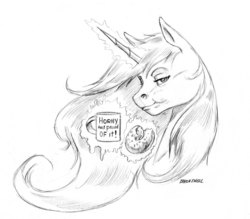Size: 1400x1227 | Tagged: safe, artist:baron engel, princess celestia, pony, g4, cheek bulge, cup, donut, eating, female, food, glowing horn, grayscale, horn, innuendo, lidded eyes, looking at you, magic, missing accessory, monochrome, pencil drawing, simple background, sketch, solo, traditional art, white background