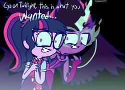 Size: 1378x999 | Tagged: safe, artist:psychodiamondstar, sci-twi, twilight sparkle, equestria girls, g4, legend of everfree, clothes, creepy, crying, duo, fingerless gloves, glasses, gloves, glowing horn, horn, looking at you, midnight sparkle, ponytail, possession, smiling
