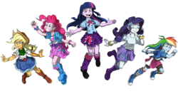 Size: 1178x634 | Tagged: safe, artist:pedantczepialski, applejack, pinkie pie, rainbow dash, rarity, twilight sparkle, equestria girls, g4, alternate universe, beautiful, boots, bracelet, clothes, compression shorts, cute, denim skirt, equestria girls: the parody series, floating, grin, happy, high heel boots, high heels, jewelry, leg warmers, open mouth, pleated skirt, shoes, shorts, skirt, smiling, socks