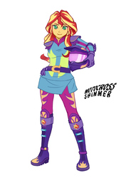 Size: 595x842 | Tagged: safe, artist:m.y., sunset shimmer, equestria girls, g4, my little pony equestria girls: friendship games, boots, clothes, cute, female, friendship games motocross outfit, friendship games outfit, gloves, hand on hip, helmet, motocross outfit, motorcross, motorcycle outfit, pixiv, shimmerbetes, shoes, simple background, solo, tri-cross relay outfit, white background
