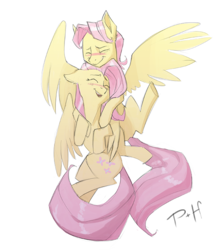 Size: 626x700 | Tagged: safe, artist:bypenandhoof, fluttershy, pegasus, pony, g4, blushing, butterscotch, eyes closed, female, hug, male, mare, rule 63, self ponidox, selfcest, ship:flutterscotch, shipping, simple background, stallion, straight, white background