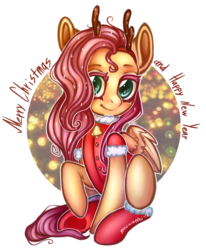 Size: 1617x1965 | Tagged: safe, artist:meowcephei, fluttershy, pony, g4, antlers, chibi, christmas, clothes, cute, female, merry christmas, raised hoof, reindeer antlers, santa claus, shiny, sitting, socks, solo