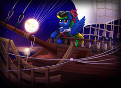 Size: 1920x1400 | Tagged: safe, artist:confetticakez, oc, oc only, pegasus, pony, clothes, full moon, glasses, hat, mast, moon, night, open mouth, pirate, pirate hat, pirate ship, smiling, solo