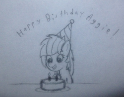 Size: 2676x2088 | Tagged: safe, artist:seafooddinner, oc, oc only, oc:aggie, pony, birthday, birthday cake, cake, candle, chest fluff, cute, food, hat, high res, party hat, solo, traditional art