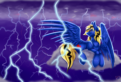 Size: 1280x870 | Tagged: safe, artist:pinktabico, oc, oc only, oc:thunder lightning, pegasus, pony, cloud, commission, large wings, lightning, lying down, smiling, spread wings, thunder