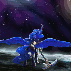 Size: 800x800 | Tagged: safe, artist:theshadowscale, artist:viwrastupr, princess luna, alicorn, pony, g4, animated, armor, cover art, crossover, female, gif, levitation, looking up, magic, mare, moon, planet, scythe, scythe of elune, solo, song art, space, spread wings, stars, telekinesis, warcraft, warrior luna, weapon, world of warcraft