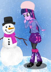 Size: 2562x3599 | Tagged: safe, artist:deannaphantom13, twilight sparkle, equestria girls, g4, clothes, curious, hat, high res, leg warmers, pantyhose, pleated skirt, scarf, shoes, skirt, snowman