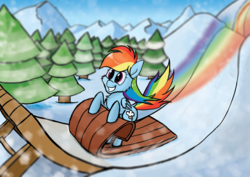 Size: 3000x2120 | Tagged: safe, artist:gearsyseptima, rainbow dash, pegasus, pony, g4, female, gotta go fast, grin, high res, ice cap zone, mare, mountain, platformer, sled, sledding, smiling, snow, solo, sonic the hedgehog, sonic the hedgehog (series), speed trail, tree, winter