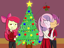 Size: 1280x960 | Tagged: safe, artist:phantomshadow051, apple bloom, scootaloo, sweetie belle, human, equestria girls, g4, apple bloom is not amused, christmas, clothes, cutie mark crusaders, eyes closed, female, kiss on the lips, kissing, lesbian, mistletoe, obtrusive watermark, ship:scootabelle, shipping, skirt, unamused, watermark
