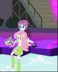 Size: 435x540 | Tagged: safe, screencap, fluttershy, spike, spike the regular dog, sunny flare, dog, equestria girls, g4, my little pony equestria girls: friendship games, boots, clothes, cropped, crystal prep academy uniform, dimensional cracks, high heel boots, school uniform, shoes, skirt