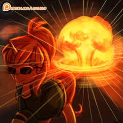 Size: 750x750 | Tagged: safe, alternate version, artist:lumineko, oc, oc only, oc:katya ironstead, pony, unicorn, clothes, cool guys don't look at explosions, explosion, mushroom cloud, patreon, patreon logo, ponytail, raised hoof, smiling, solo, sunglasses