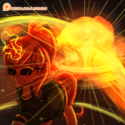 Size: 750x750 | Tagged: safe, alternate version, artist:lumineko, oc, oc only, oc:katya ironstead, pony, unicorn, clothes, cool guys don't look at explosions, explosion, force field, glowing horn, horn, magic, mushroom cloud, patreon, patreon logo, ponytail, raised hoof, smiling, solo, sunglasses