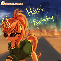 Size: 750x750 | Tagged: safe, alternate version, artist:lumineko, oc, oc only, pony, unicorn, clothes, fire, glowing horn, happy birthday, horn, magic, patreon, patreon logo, ponytail, raised hoof, signature, smiling, solo, sunglasses