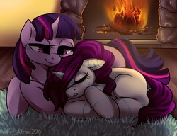 Size: 1300x1000 | Tagged: safe, artist:fur-what-loo, twilight sparkle, oc, oc:raribot, pony, robot, robot pony, g4, commission, cuddling, female, filly, filly twilight sparkle, fireplace, mother and daughter, raribot, snuggling