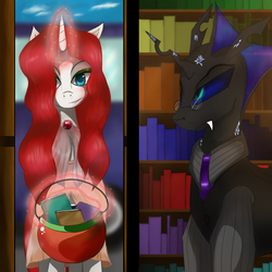Size: 1000x1000 | Tagged: safe, artist:phobos-ilungian, oc, oc only, oc:phobos, alicorn, changeling, pony, book, bus, clothes, crystal, duo, fangs, female, glasses, hoodwinkle, library, magic, makeup, male, pot, purple changeling, smiling