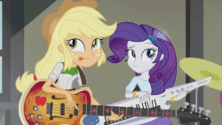 Size: 480x270 | Tagged: safe, screencap, applejack, rarity, equestria girls, g4, my little pony equestria girls: rainbow rocks, animated, bass guitar, cute, cymbals, drums, duo, duo female, female, gif, jackabetes, keytar, musical instrument, raribetes, tongue out