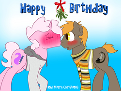 Size: 1600x1200 | Tagged: safe, artist:timidwithapen, oc, oc only, oc:drawalot, oc:umber, birthday, blushing, clothes, gay, jumper, kissing, male, mistletoe