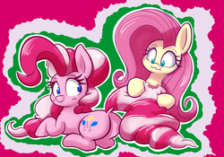 Size: 5000x3500 | Tagged: safe, artist:heir-of-rick, fluttershy, pinkie pie, earth pony, pony, g4, absurd resolution, balloonbutt, big ears, biting, blush sticker, blushing, butt, candy, candy cane, cute, diapinkes, dock, duo, eating, edible mane, female, food, looking back, mare, nom, plot, prone, striped mane, tail bite