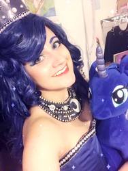 Size: 1001x1334 | Tagged: safe, artist:sarahndipity cosplay, princess luna, human, g4, build-a-bear, clothes, cosplay, costume, irl, irl human, photo, plushie, solo