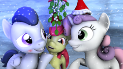 Size: 3840x2160 | Tagged: safe, artist:viranimation, apple bloom, rumble, sweetie belle, g4, 3d, blushing, high res, male, mistletoe, ship:rumbelle, shipping, snow, source filmmaker, straight, winter