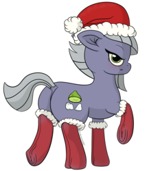 Size: 2166x2500 | Tagged: safe, artist:underwoodart, limestone pie, earth pony, pony, g4, blushing, butt, clothes, dock, female, frog (hoof), glare, hat, high res, looking at you, looking back, plot, santa hat, signature, simple background, snow, snowfall, socks, solo, stockings, thigh highs, transparent background, underhoof