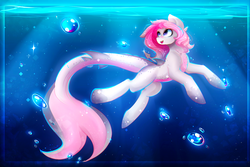 Size: 3000x2008 | Tagged: safe, artist:koveliana, oc, oc only, oc:coral, original species, pony, shark pony, bubble, chromatic aberration, crepuscular rays, female, high res, mare, ocean, open mouth, solo, underwater