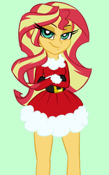 Size: 1000x1600 | Tagged: dead source, safe, artist:wubcakeva, sunset shimmer, equestria girls, g4, belt buckle, christmas, clothes, costume, crossed arms, cute, dress, eyelashes, female, gloves, green eyes, lidded eyes, looking at you, santa costume, shimmerbetes, smiling, smirk, solo