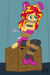 Size: 965x1448 | Tagged: safe, artist:darktenor5, sunset shimmer, equestria girls, g4, bondage, breasts, bunny ears, bunny suit, cleave gag, clothes, female, gag, high heels, leotard, playboy, playboy bunny, ropes, sitting, solo